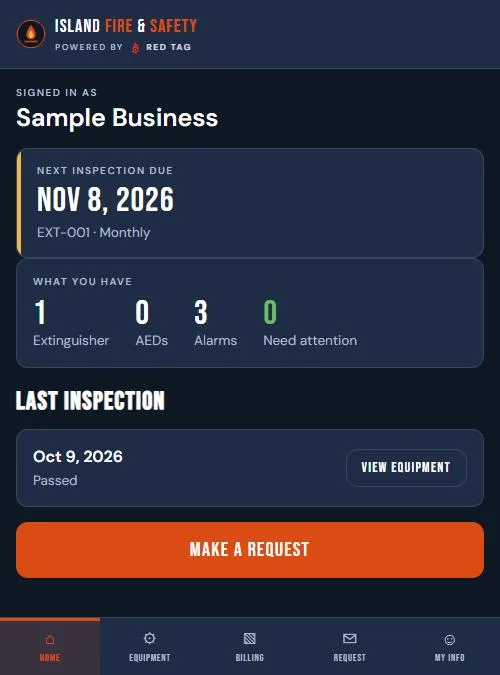 Portal home screen on a phone: next inspection due, what you have, last inspection passed