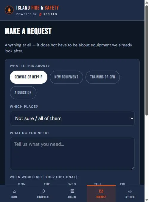 Make a Request screen on a phone: service or repair, new equipment, training or CPR, or a question