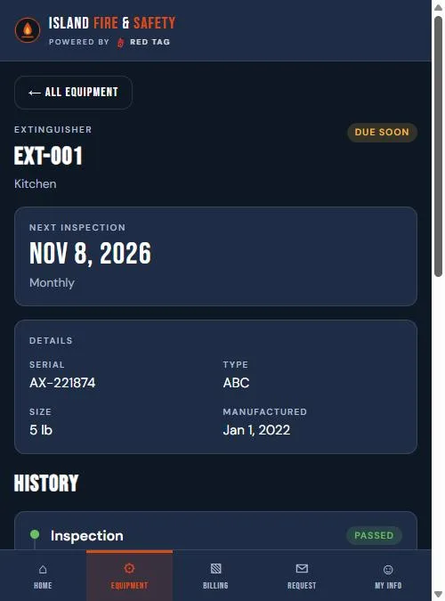 One extinguisher in the portal: next inspection date, serial, type, size and history