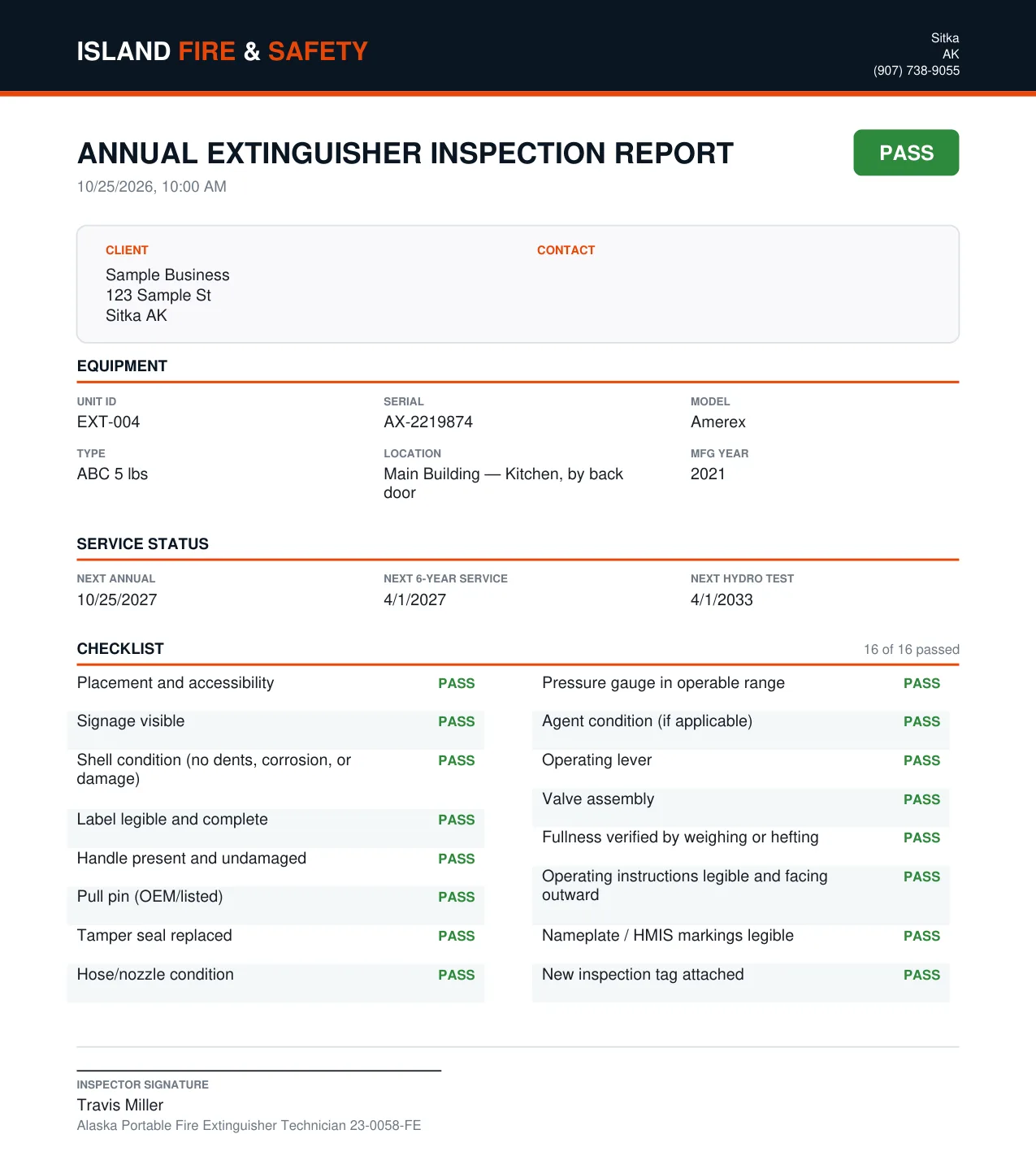Sample inspection report with unit details, due dates and a pass checklist